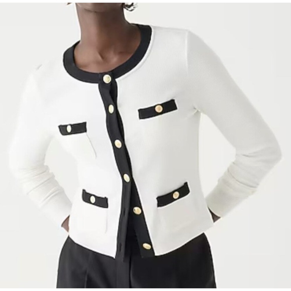 J Crew Vintage Rib Lady Jacket Lightweight Sweater White Black Gold Button Small